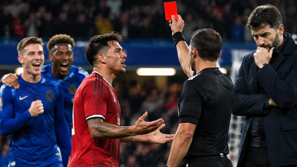 Chelsea enfonce Manchester United : Carrick sous pression après une défaite marquée par l’expulsion de Lisandro Martínez